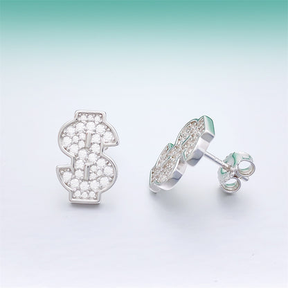 S925 Sterling Silver Money Sign Moissanite Studs | Iced Out Dollar Earring | Caratix