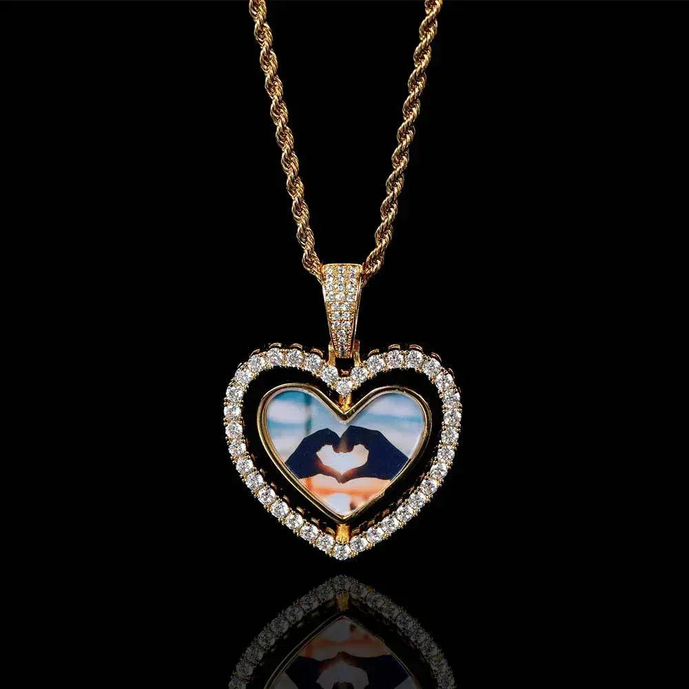 Custom Rotating Double-Sided Heart Photo Pendant Necklace with Zircon Stones | Caratix Jewelry - CaratixJewelry