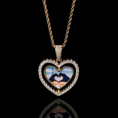Custom Rotating Double-Sided Heart Photo Pendant Necklace with Zircon Stones | Caratix Jewelry - CaratixJewelry