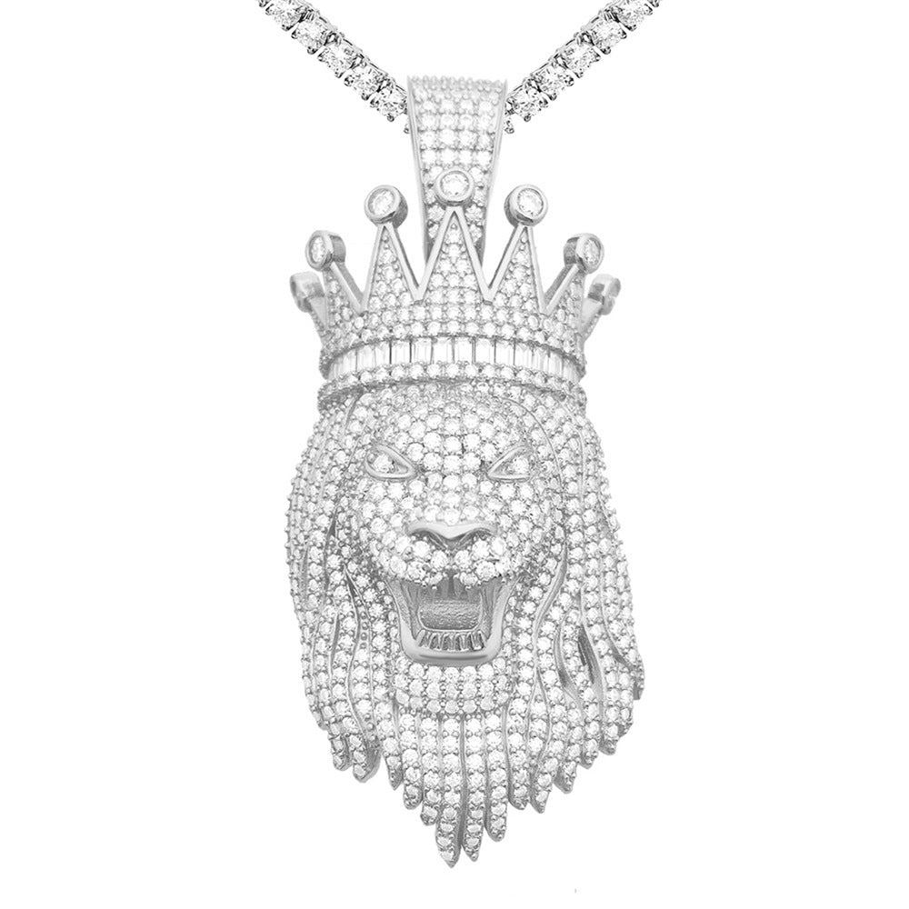 S925 Sterling Silver Moissanite Lion King Pendant with Crown | Iced Out Lion Head for Cuban Chain | Caratix