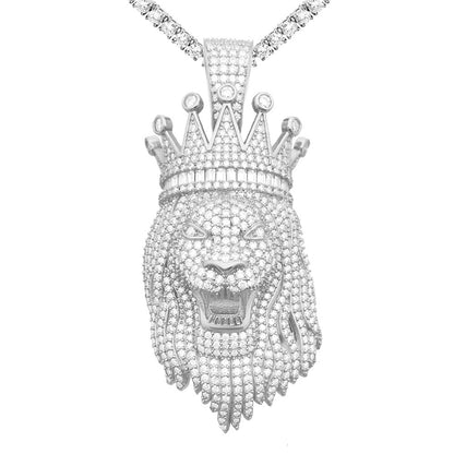 S925 Sterling Silver Moissanite Lion King Pendant with Crown | Iced Out Lion Head for Cuban Chain | Caratix