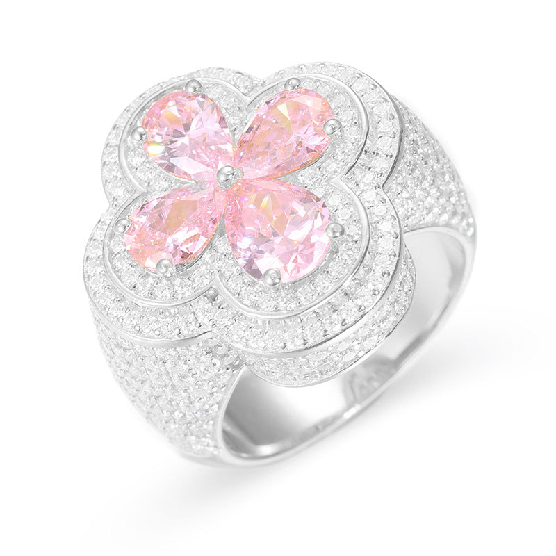 S925 Sterling Silver Moissanite Flower Ring – Ice Out Hip-Hop Luxury Statement Band for Men