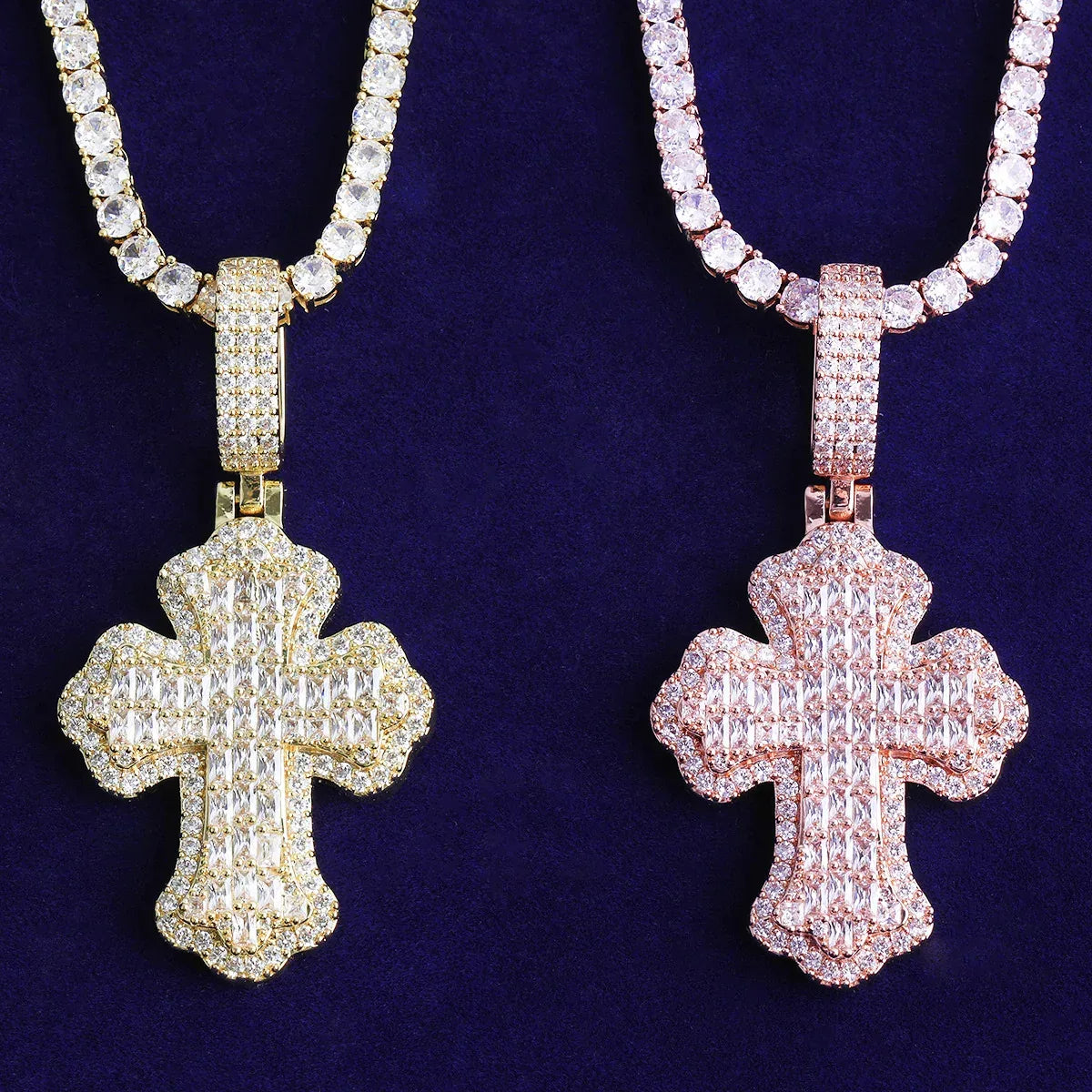 Double Layer Iced Out Baguette Cross Pendant | Men's Real Copper CZ Necklace - CaratixJewelry