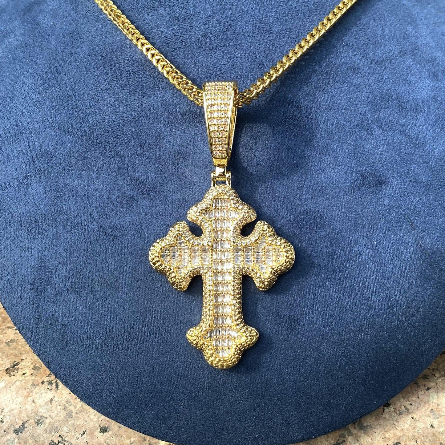Iced Out Baguette Cross Pendant | Men's Real Copper CZ Necklace - CaratixJewelry