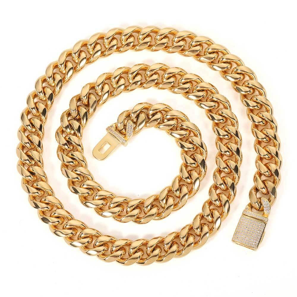12mm Gold Plated Stainless Steel Cuban Chain Necklace with Polished Titanium Steel for Men | Caratix Jewelry - CaratixJewelry