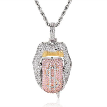 Custom Dollar Mouth & Tongue Pendant Necklace with Micro-Pave Zircon Stones for Men | Caratix Jewelry - CaratixJewelry