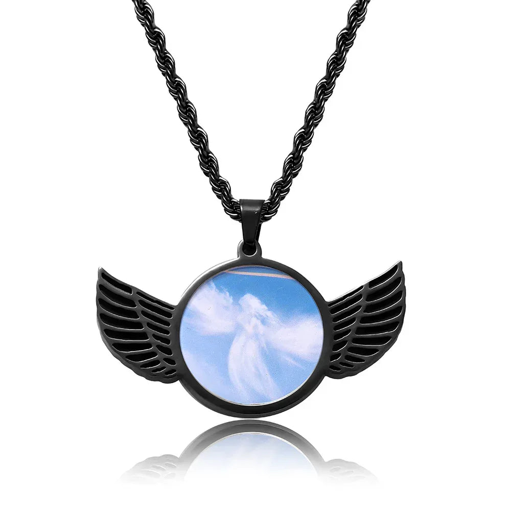 Winged Round Photo Frame Pendant Necklace with Customizable Photo for Men | DIY Stainless Steel Necklace | Caratix Jewelry - CaratixJewelry