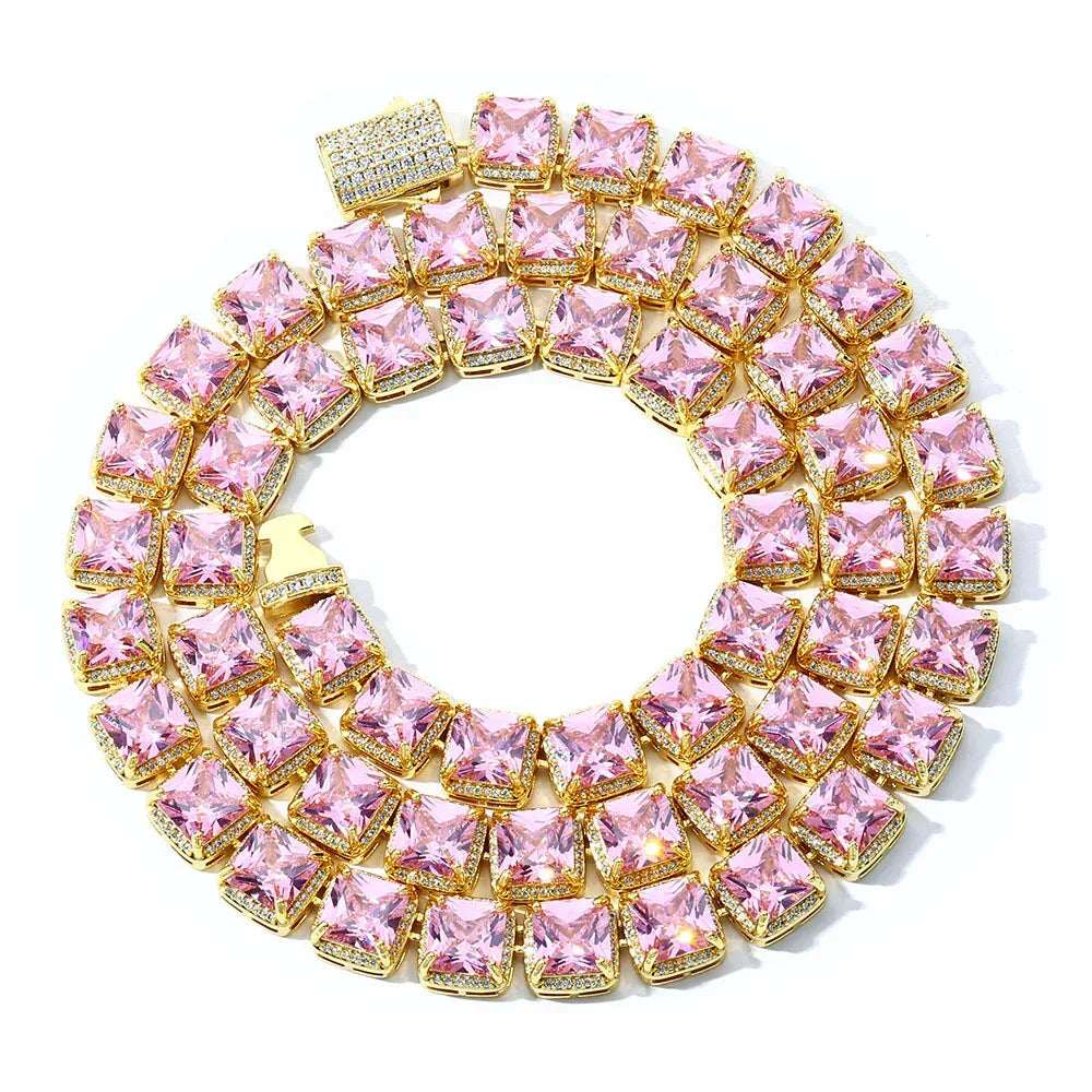 Custom 10mm Pink Baguette Sugar Link Necklace Hip Hop Bling | Caratix - CaratixJewelry