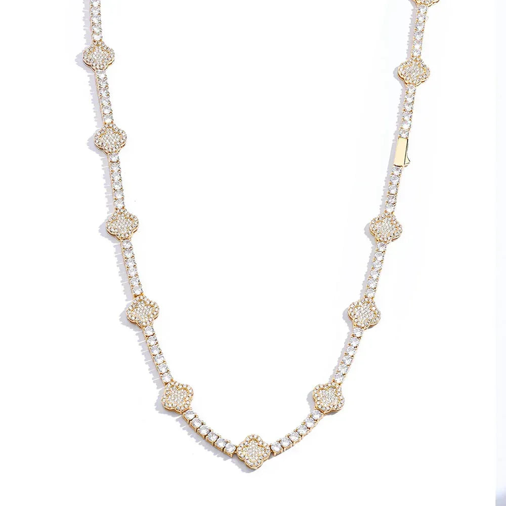 Men's Spring-Clasp Clover Tennis Chain | 5A Zircon Iced Out Necklace | Premium Gold Chain Rapper Style | Caratix - CaratixJewelry