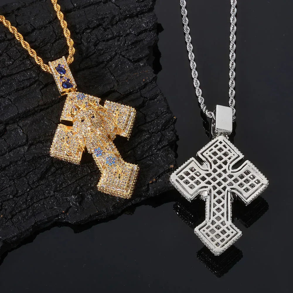 Custom Pendant Necklace with Portrait & Blue Flower Cross | Iced-Out Art Jewelry | Caratix - CaratixJewelry