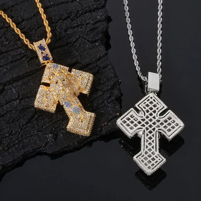 Custom Pendant Necklace with Portrait & Blue Flower Cross | Iced-Out Art Jewelry | Caratix - CaratixJewelry