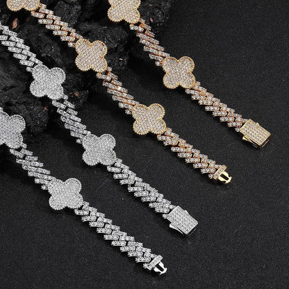 Clover-Shaped Zircon Cuban Link Bracelet with Spring Clasp - CaratixJewelry