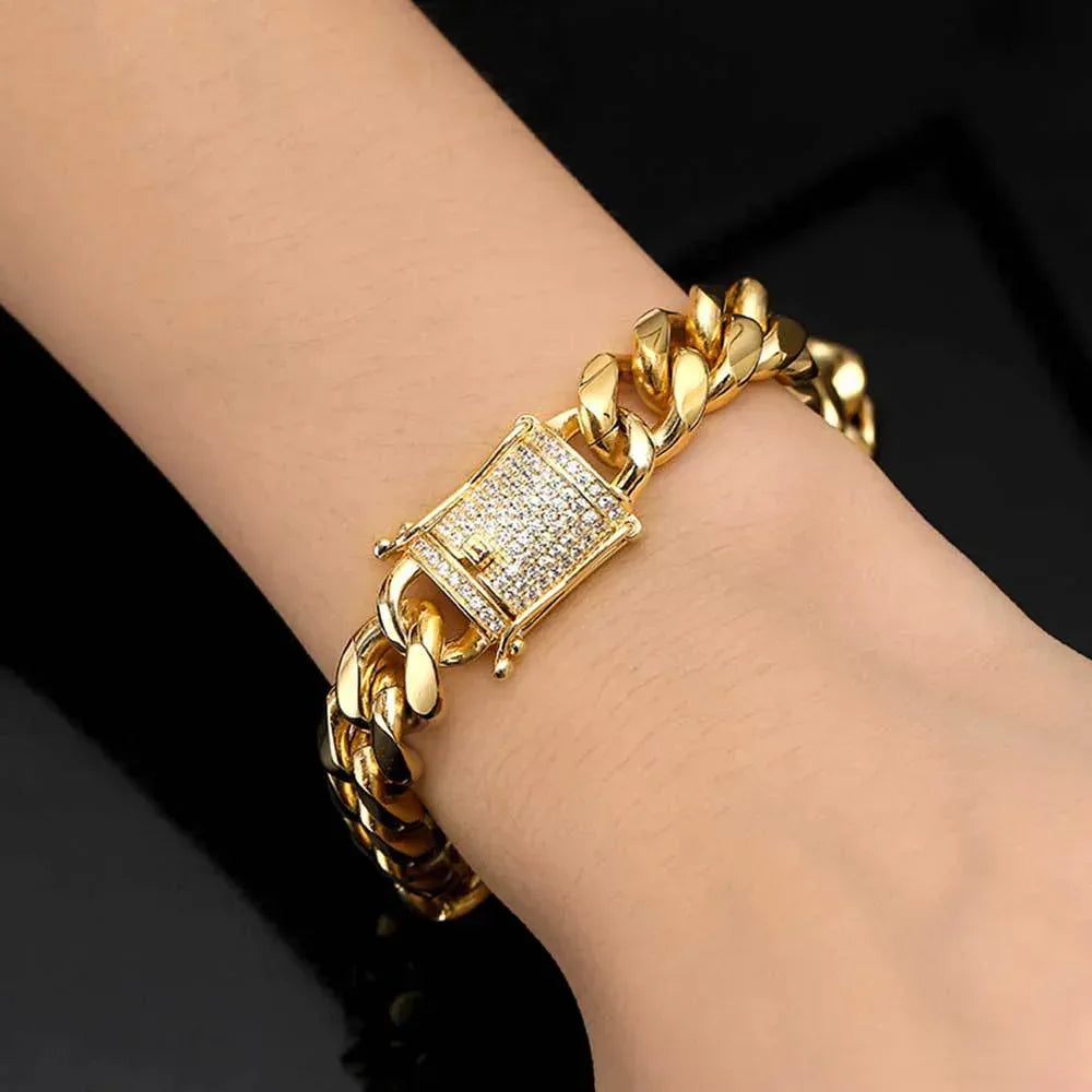 12mm Gold Plated Stainless Steel Cuban Link Bracelet Caratix Jewelry - CaratixJewelry