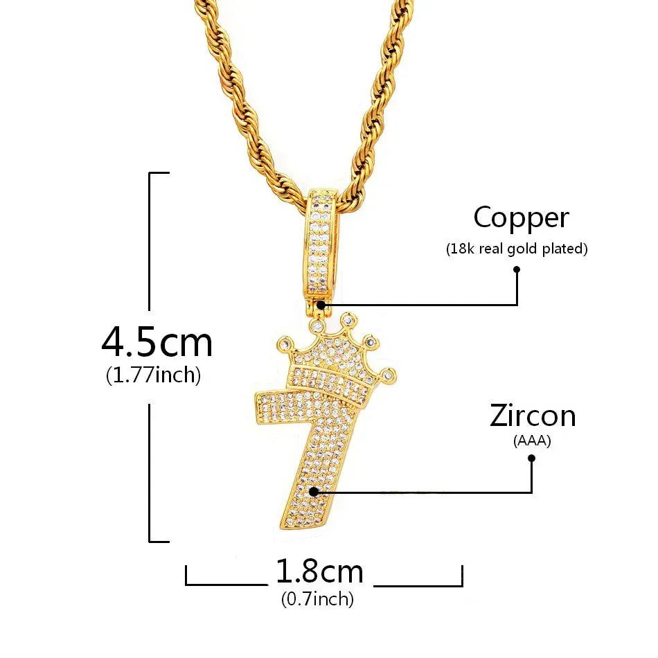 Luxury Iced Out Crown Number 7 Pendant | Lucky 7 Men's Hip Hop Necklace | Premium Copper CZ King Jewelry | CR7 Style Bling | Caratix - CaratixJewelry