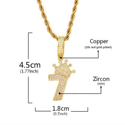 Luxury Iced Out Crown Number 7 Pendant | Lucky 7 Men's Hip Hop Necklace | Premium Copper CZ King Jewelry | CR7 Style Bling | Caratix - CaratixJewelry