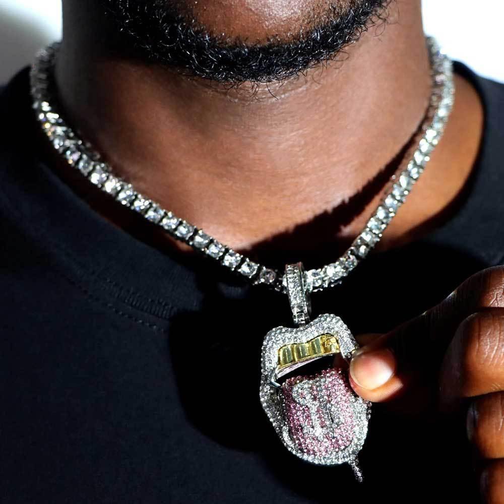 Custom Dollar Mouth & Tongue Pendant Necklace with Micro-Pave Zircon Stones for Men | Caratix Jewelry - CaratixJewelry