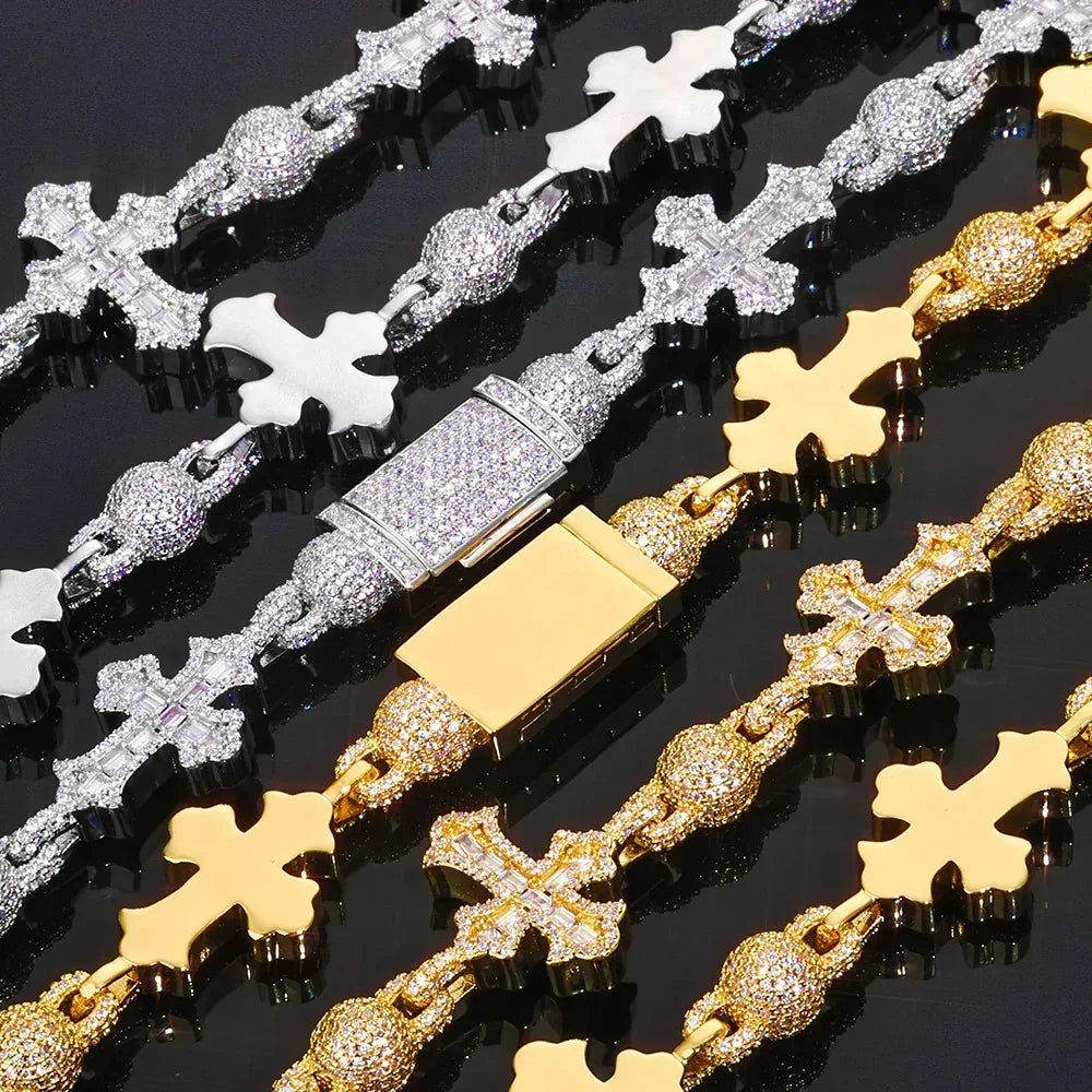 Moissanite Cross Necklace with Mixed-Cut Bead & T-Bar Chain – S925 Sterling Silver Vintage Hip Hop Jewelry for Men - CaratixJewelry