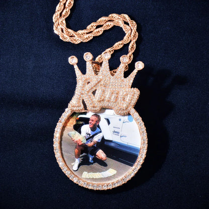 Crown Round Photo Pendant | Iced Out CZ DIY Custom Picture Hip Hop Necklace - CaratixJewelry