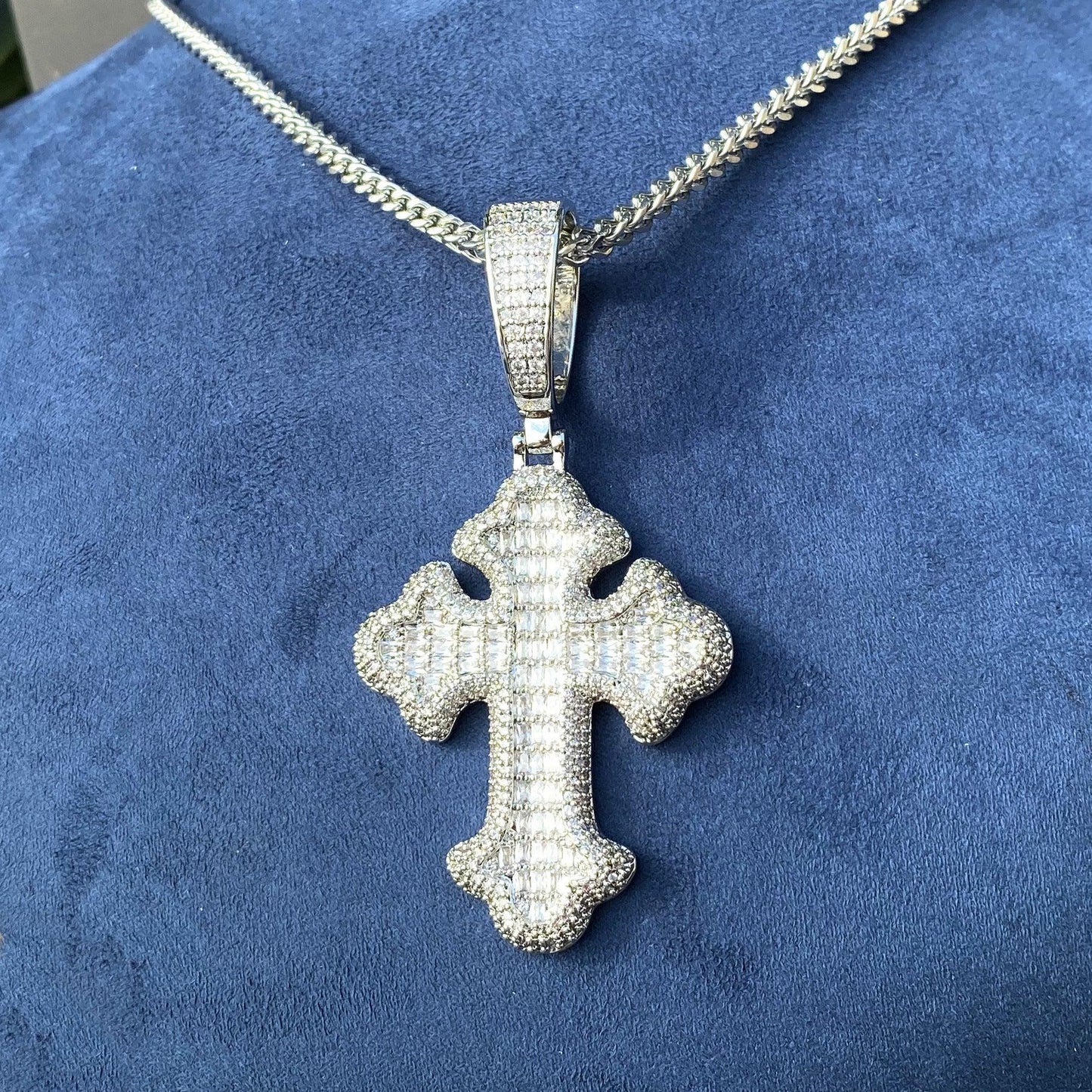 Iced Out Baguette Cross Pendant | Men's Real Copper CZ Necklace - CaratixJewelry