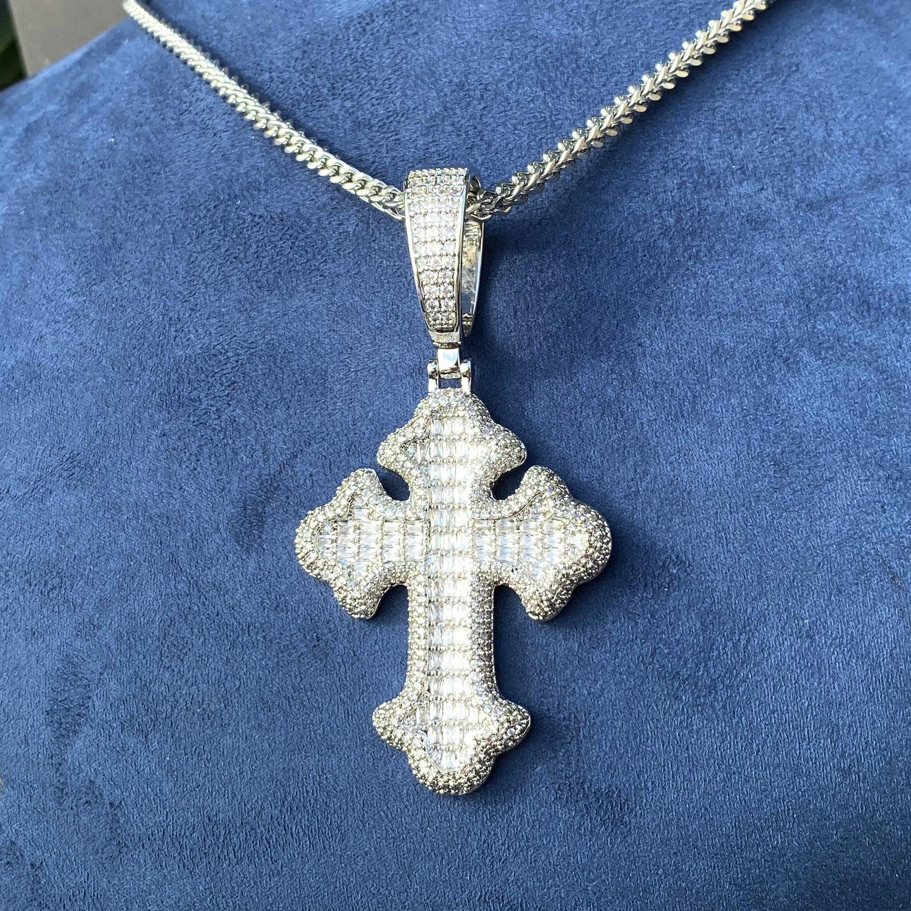 Iced Out Baguette Cross Pendant | Men's Real Copper CZ Necklace - CaratixJewelry