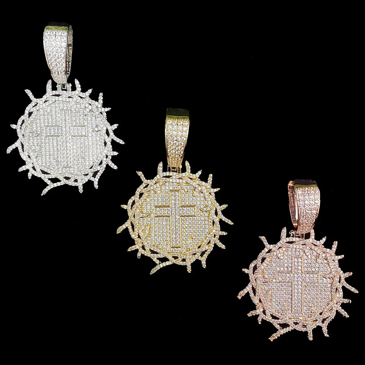Iced Out Thorns Disc Cross Pendant | Men's Real Copper CZ Shield Necklace - CaratixJewelry