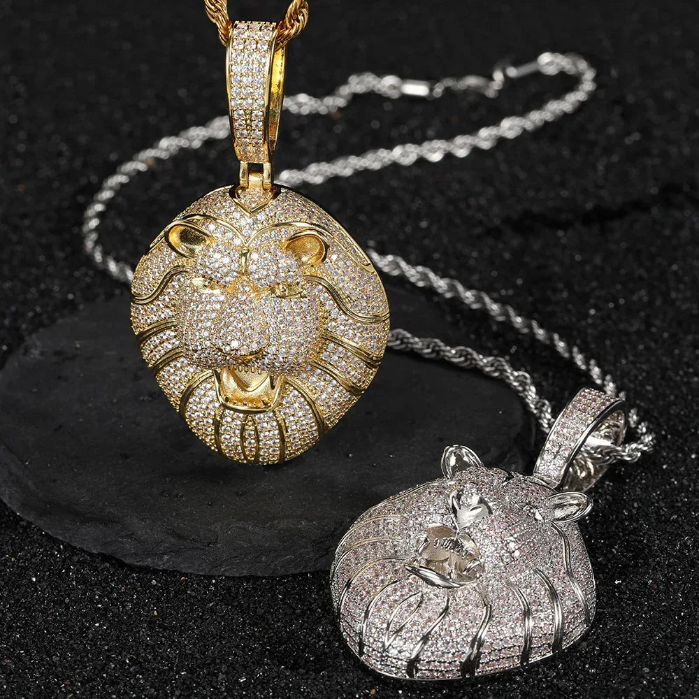 Solid Lion Head Pendant Necklace with Micro-Pave Zircon and Gold Plating for Men | Caratix Jewelry - CaratixJewelry