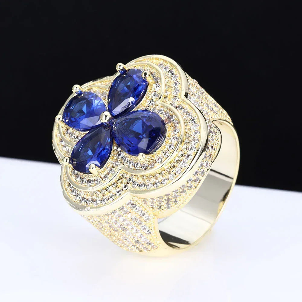 Blue Flower S925 Silver Moissanite Ring Rapper Iced Out Style | Caratix Jewelry - CaratixJewelry