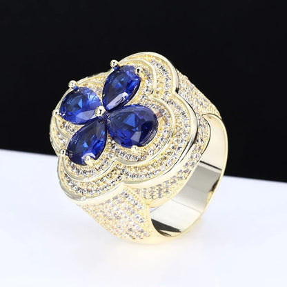 Blue Flower S925 Silver Moissanite Ring Rapper Iced Out Style | Caratix Jewelry - CaratixJewelry