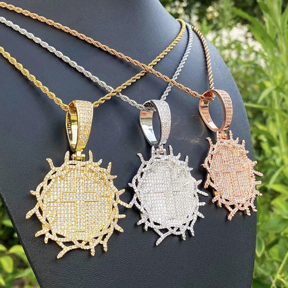 Iced Out Thorns Disc Cross Pendant | Men's Real Copper CZ Shield Necklace - CaratixJewelry