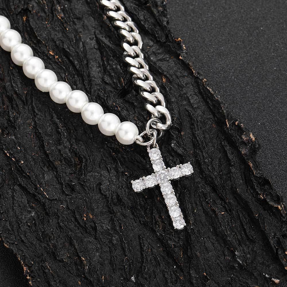 8mm Stainless Steel Cuban Chain Pearl Cross Necklace for Men | Caratix Jewelry - CaratixJewelry