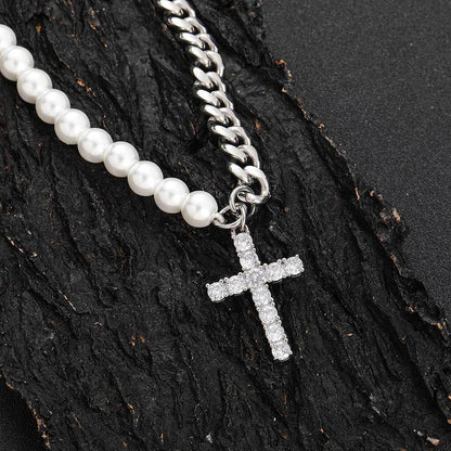 8mm Stainless Steel Cuban Chain Pearl Cross Necklace for Men | Caratix Jewelry - CaratixJewelry