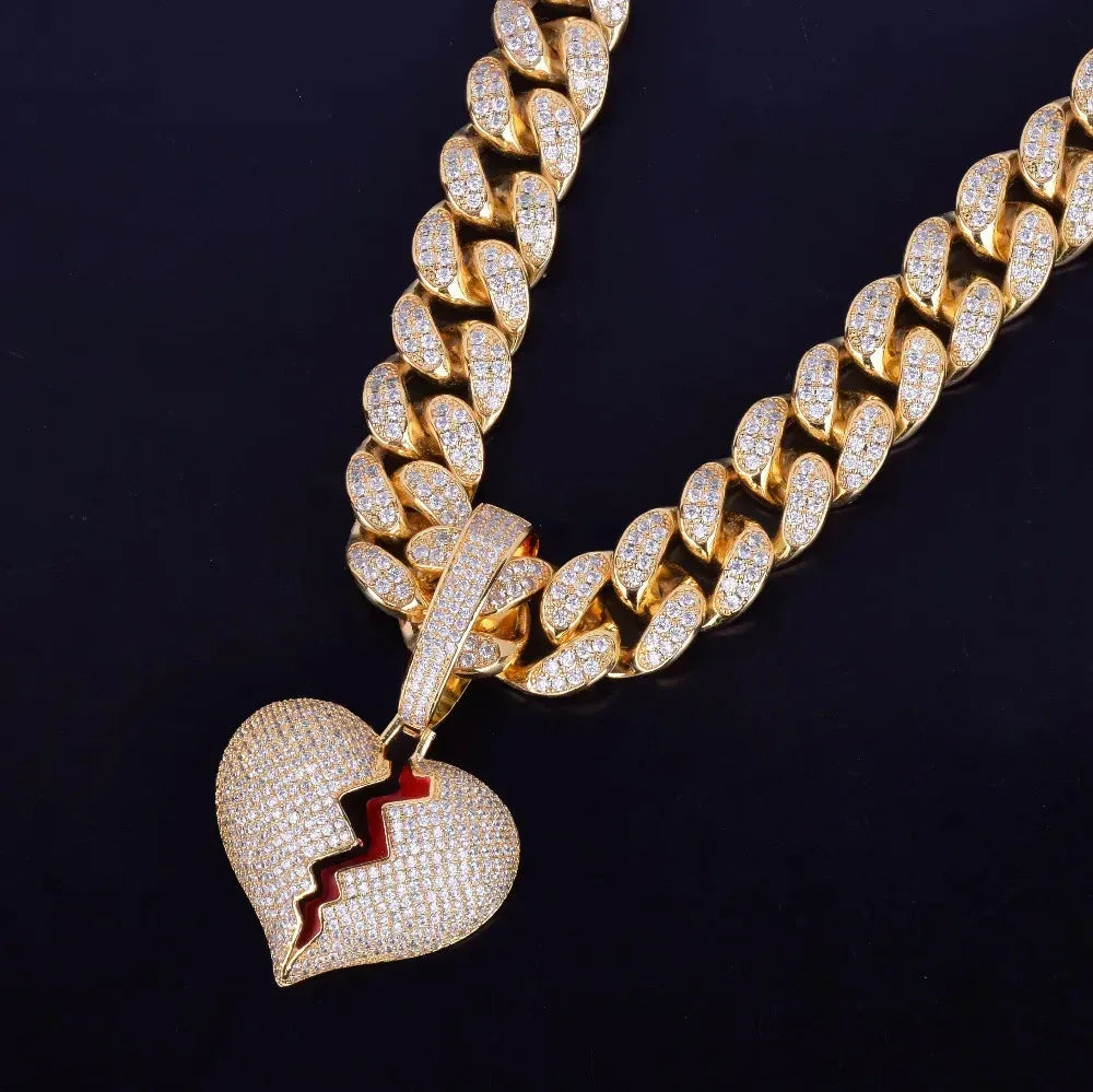 Creative Shattered Broken Heart Iced Out Pendant | Men's Artistic Hip Hop Necklace | Premium Copper CZ Jewelry | Streetwear Emo Bling | Caratix - CaratixJewelry