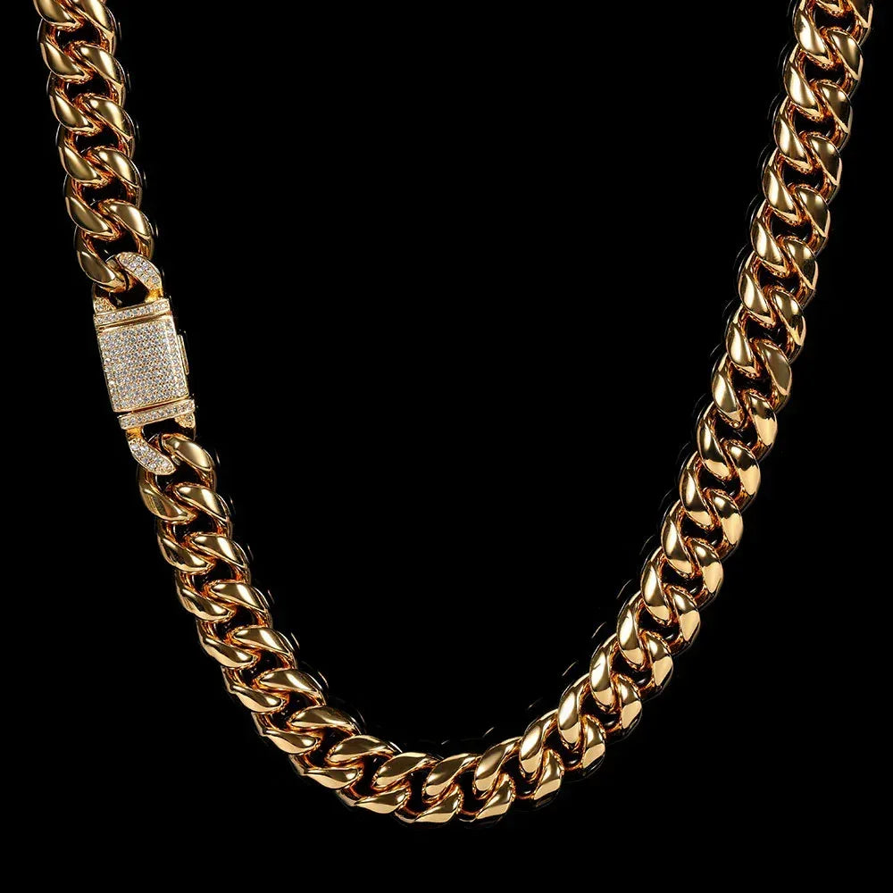 12mm Gold Plated Stainless Steel Cuban Chain Necklace with Polished Titanium Steel for Men | Caratix Jewelry - CaratixJewelry