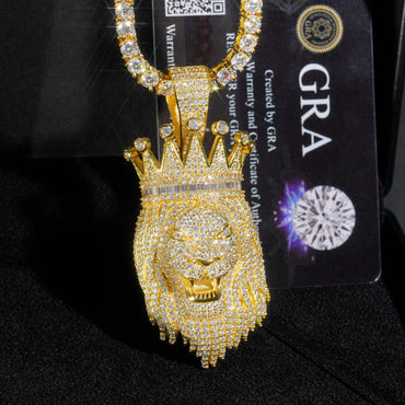 S925 Sterling Silver Moissanite Lion King Pendant with Crown | Iced Out Lion Head for Cuban Chain | Caratix