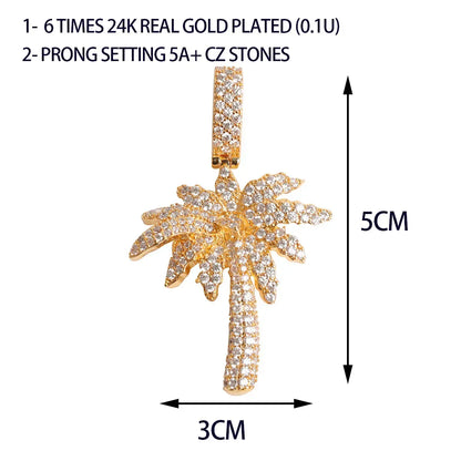 Miami Palm Tree Pendant Necklace for Men | Hip Hop Iced Out Pave CZ Jewelry | Tropical Copper Zircon Ice Pendant | Caratix - CaratixJewelry