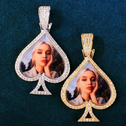 Spade Photo Pendant Necklace | Epoxy CZ Iced Out DIY Custom Hip Hop Jewelry - CaratixJewelry