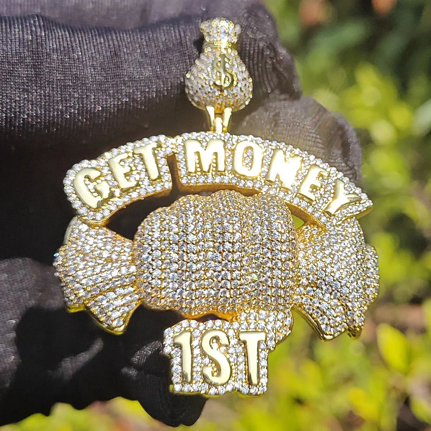 Iced Out “Get Money” Fist Pendant Necklace – Hip Hop CZ Copper Streetwear Jewelry - CaratixJewelry