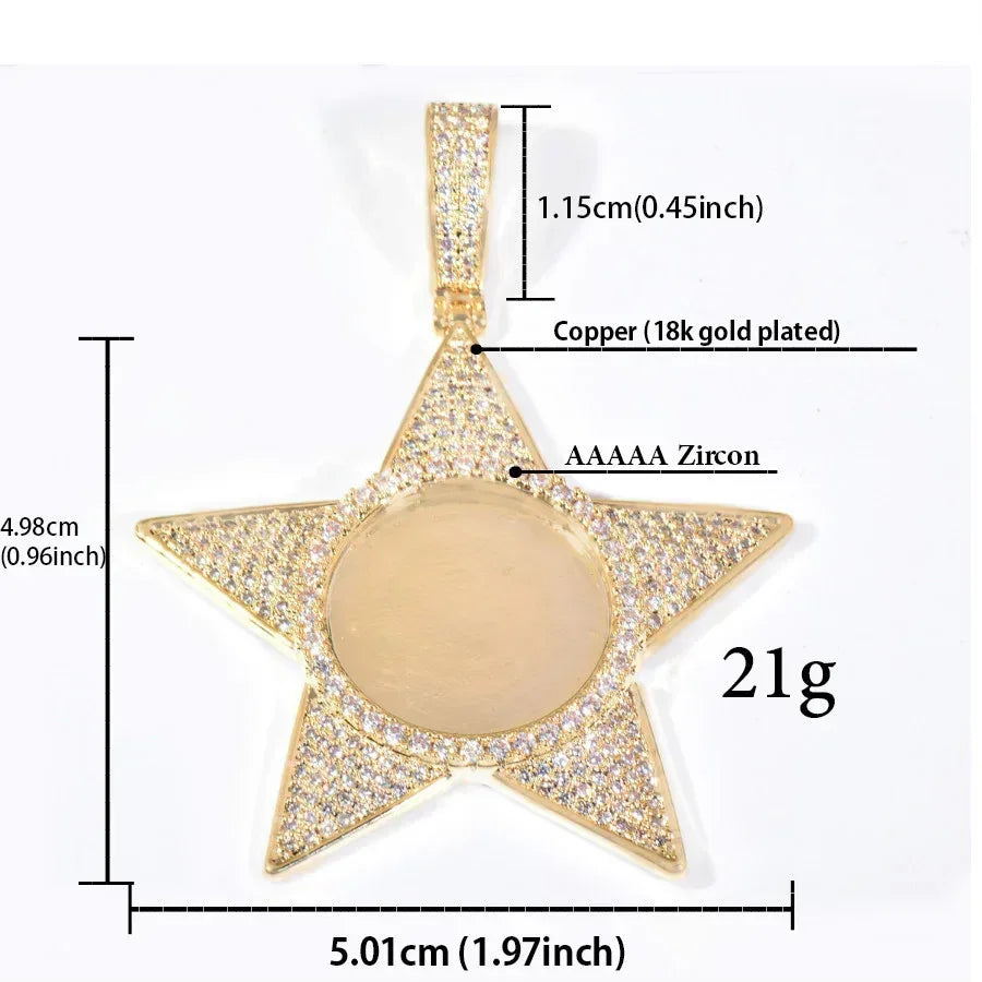 Star Photo Pendant Necklace | Epoxy CZ DIY Custom Picture Hip Hop Jewelry - CaratixJewelry