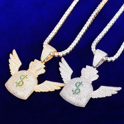 Iced Out Winged Money Bag Pendant | "Flying Cash" Men's Hip Hop Necklace | Premium Copper CZ Dollar Sign Jewelry | Bag Chaser Bling | Caratix - CaratixJewelry