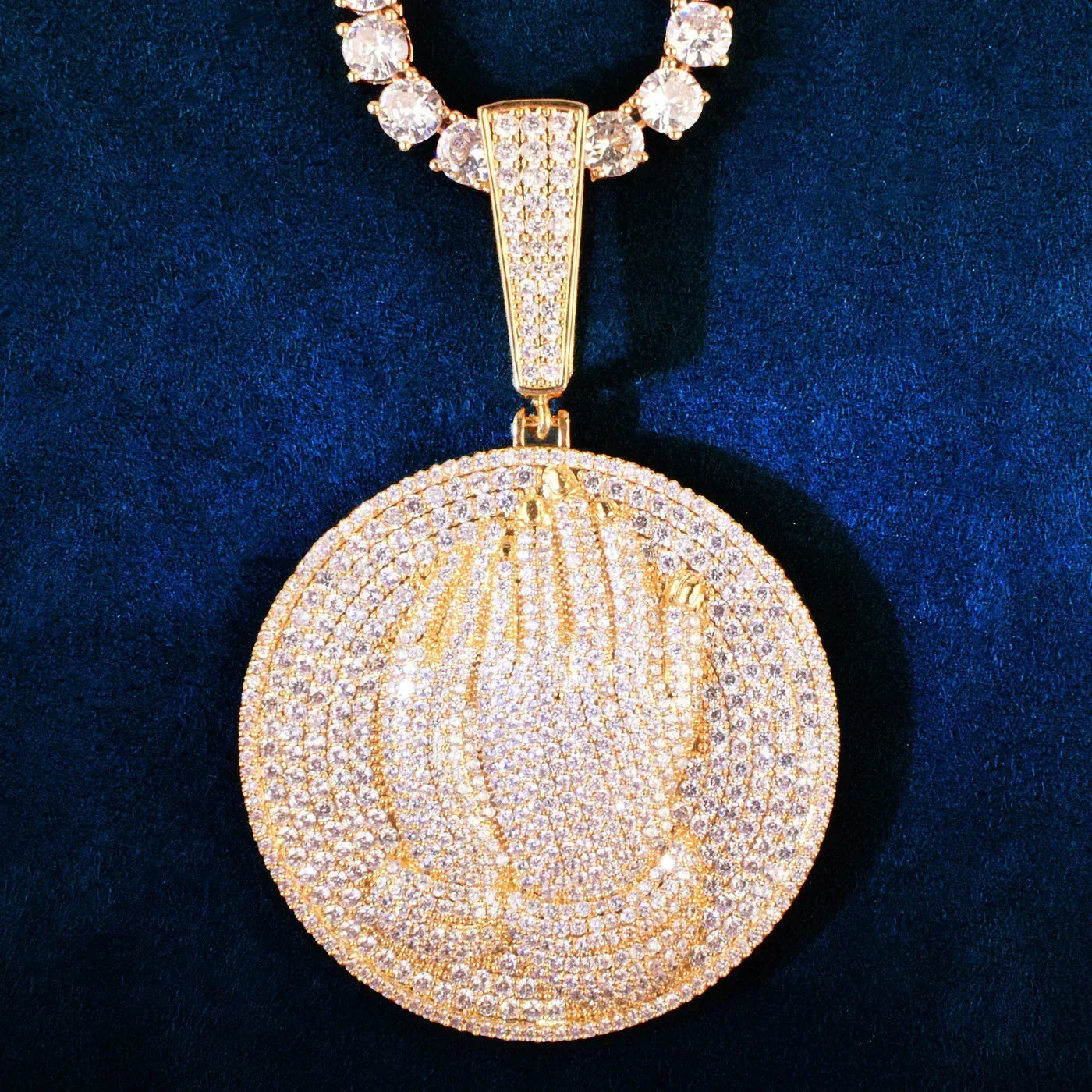 Double-Hand Disc Pendant Necklace | CZ Iced Out Hip Hop Streetwear Sweater Chain - CaratixJewelry