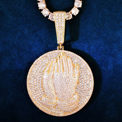 Double-Hand Disc Pendant Necklace | CZ Iced Out Hip Hop Streetwear Sweater Chain - CaratixJewelry