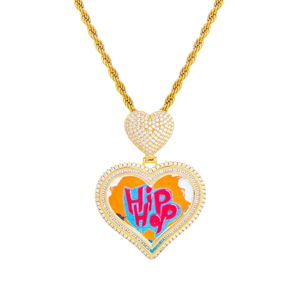 Custom Heart Photo Pendant Necklace with Zircon Stones for Men | Caratix Jewelry - CaratixJewelry