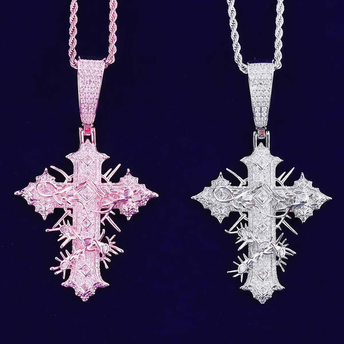 Women's Iced Out Thorned Gothic Cross Pendant | Hip Hop Spiky Cross Necklace | Genuine Copper CZ Jewelry | Street Luxe Bling | Caratix - CaratixJewelry