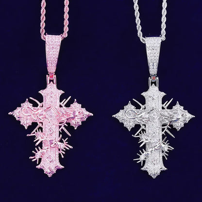 Women's Iced Out Thorned Gothic Cross Pendant | Hip Hop Spiky Cross Necklace | Genuine Copper CZ Jewelry | Street Luxe Bling | Caratix - CaratixJewelry
