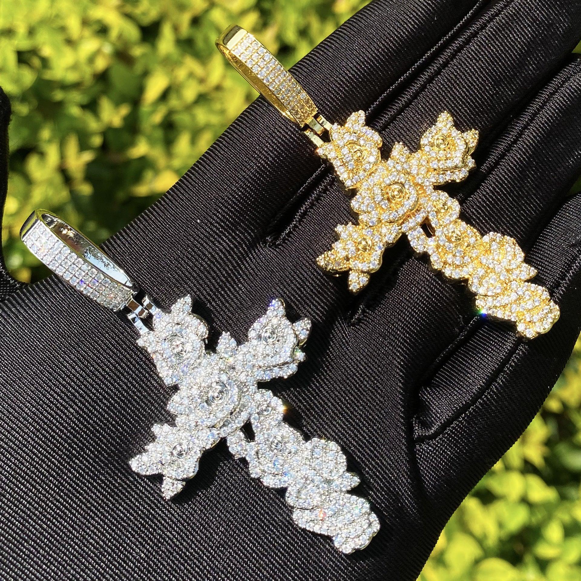 Iced Out Rose Cross Pendant | Women's Blooming Floral Necklace - CaratixJewelry