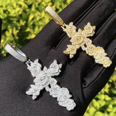 Iced Out Rose Cross Pendant | Women's Blooming Floral Necklace - CaratixJewelry