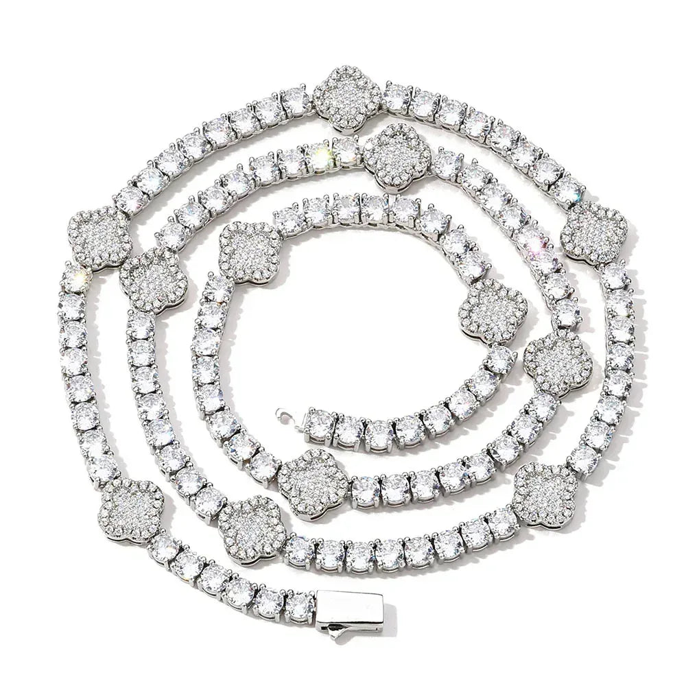 Four-Leaf Clover Moissanite Tennis Chain – S925 Sterling Silver Iced-Out Hip Hop Men’s Versatile Streetwear Necklace - CaratixJewelry