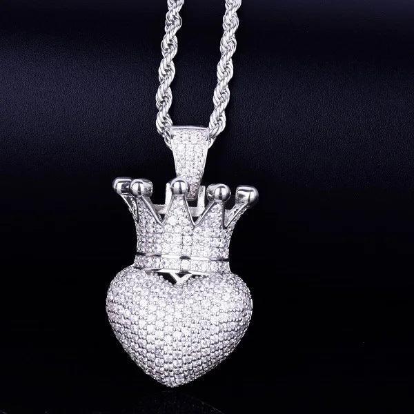 Luxury Iced Out Heart Crown Pendant for Men | Hip Hop Pave CZ Jewelry | Trendy Copper Zircon Necklace | King of Hearts Ice Pendant | Caratix - CaratixJewelry