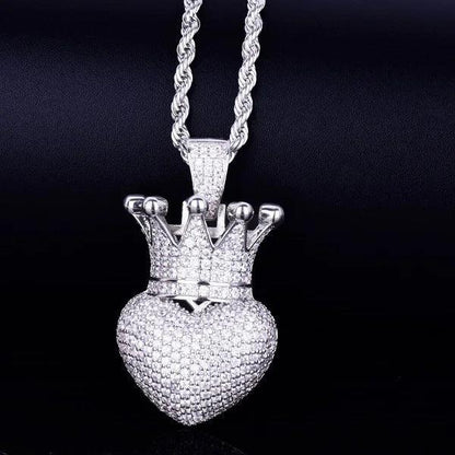 Luxury Iced Out Heart Crown Pendant for Men | Hip Hop Pave CZ Jewelry | Trendy Copper Zircon Necklace | King of Hearts Ice Pendant | Caratix - CaratixJewelry