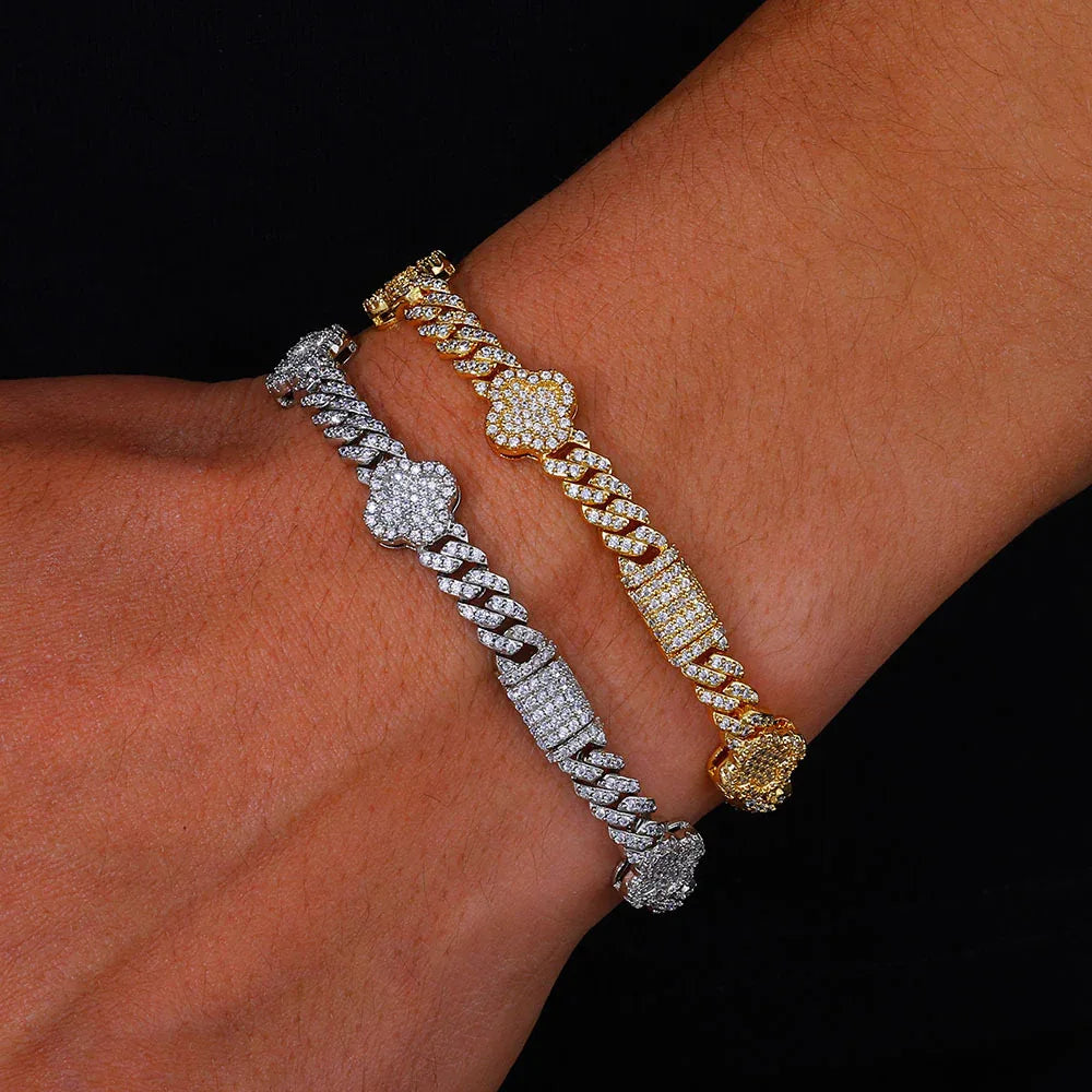 6mm S925 Sterling Silver Moissanite Clover Cuban Bracelet | VVS Moissanite Handpiece | Elite Rapper Chain Style | Caratix - CaratixJewelry